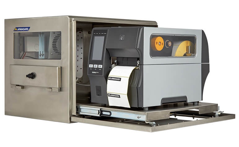 Gabinete impermeable para impresoras industriales de códigos de barras Zebra con una impresora ZT411 instalada