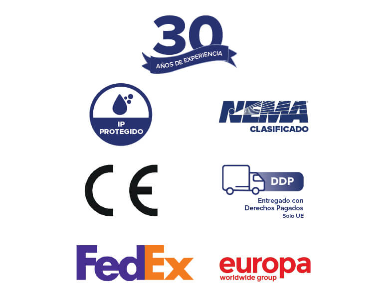 Iconos que representan las garantías, las acreditaciones y las opciones de envío de Armagard