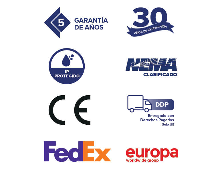 Iconos que representan las garantías, las acreditaciones y las opciones de envío de Armagard