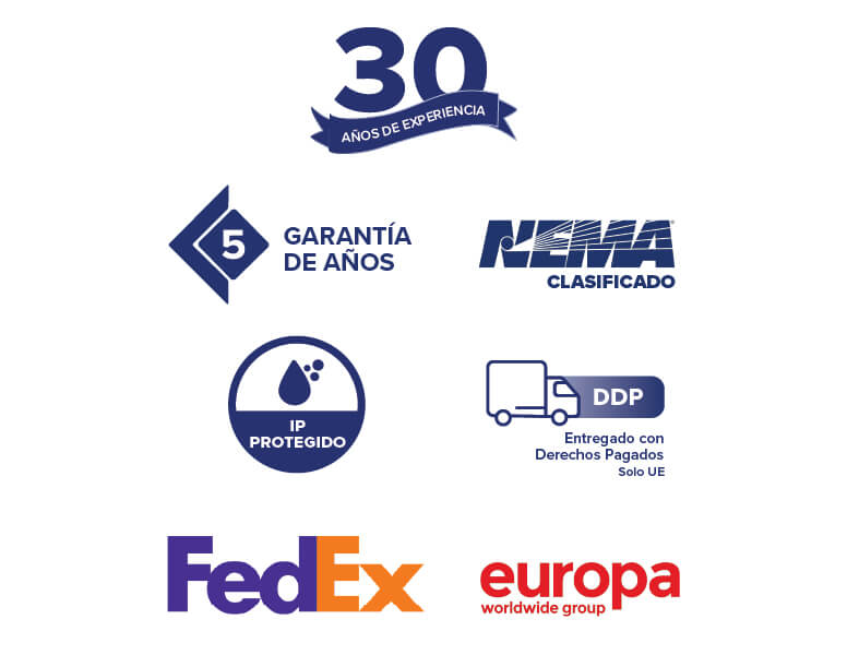 Iconos que representan las garantías, las acreditaciones y las opciones de envío de Armagard