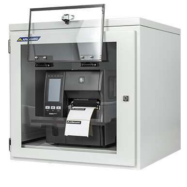 Armario antipolvo para impresora Zebra ZT600 acero templado acabado epoxi con una impresora industrial instalada