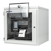 Armario antipolvo para impresora Zebra ZT600 de Armagard con ventana de etiquetas abierta