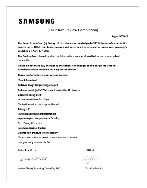 Certificado de diseño Samsung OH55F para el soporte pared de Armagard para displays