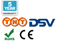 5 year warranty, TNT delivery, DSV delivery, CE, and RoHS logos